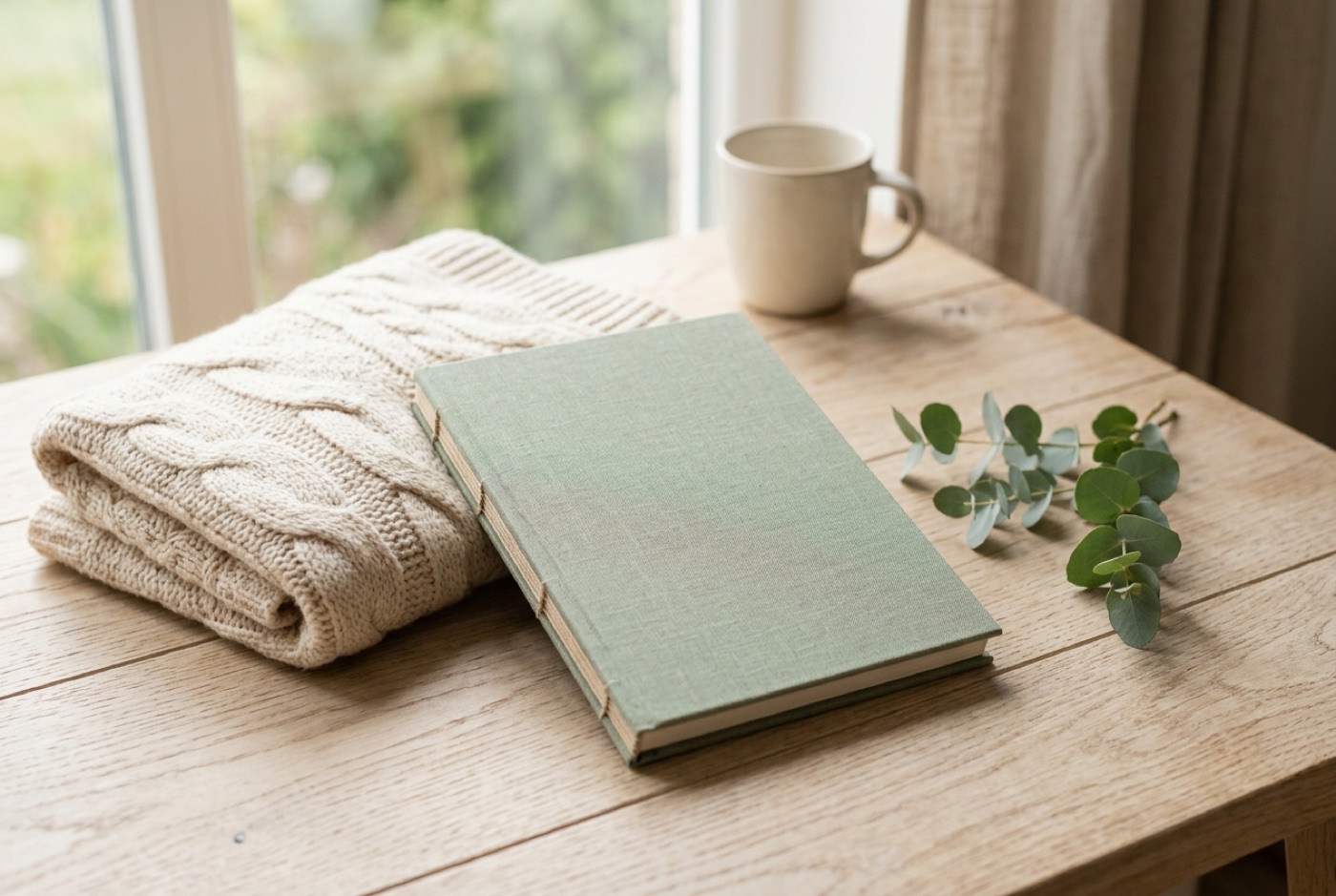 A pregnancy planning notebook and a soft knitted blanket on a wooden table